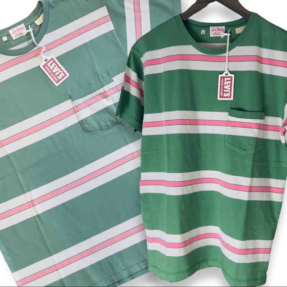 Levi’s Vintage Clothing 1940’s Split Hem Striped T-Shirt Pink/Green - Picture 9 of 16